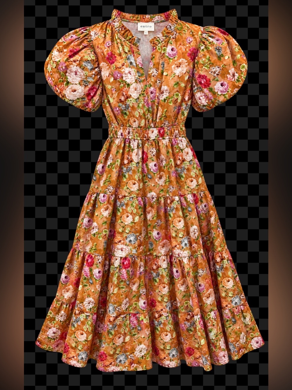 entro tan Floral Puff-Sleeve Tiered Midi Dress